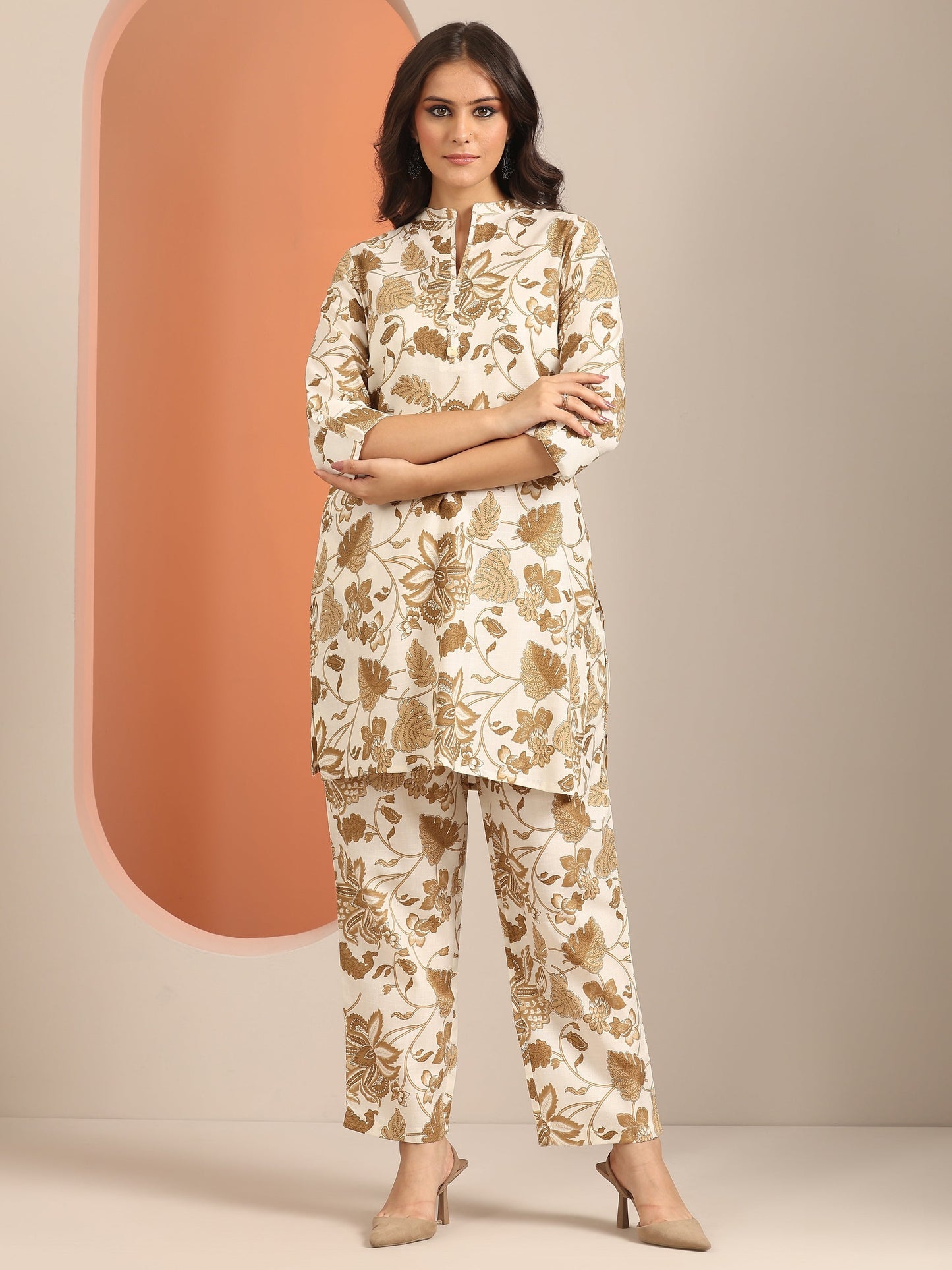 Off White Printed Cotton Blend Co-Ord Sets