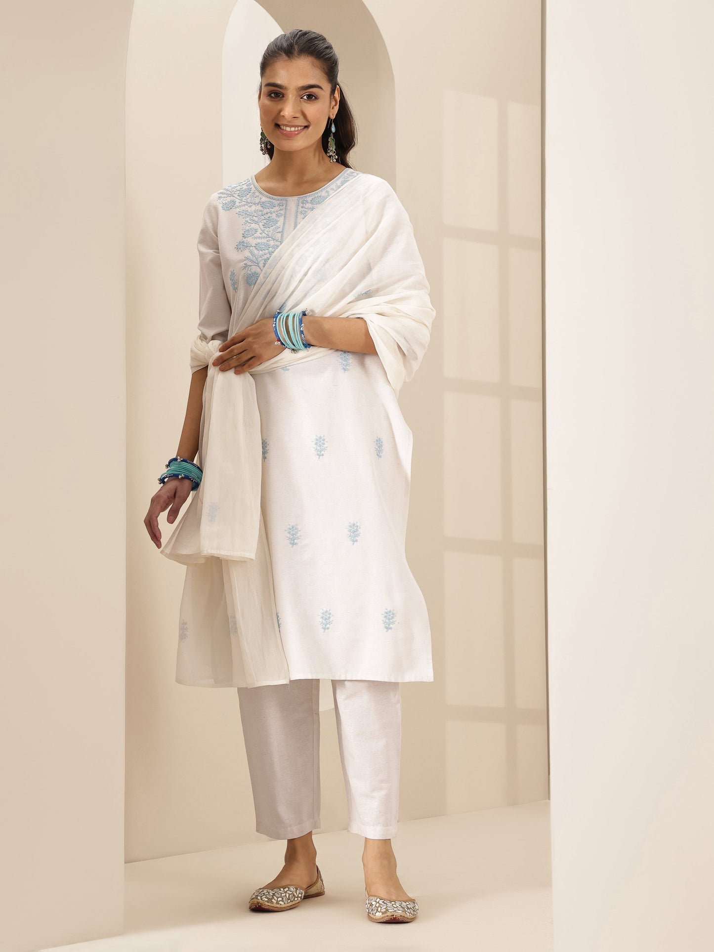 White Embroidered Cotton Blend Straight Suit Set With Dupatta