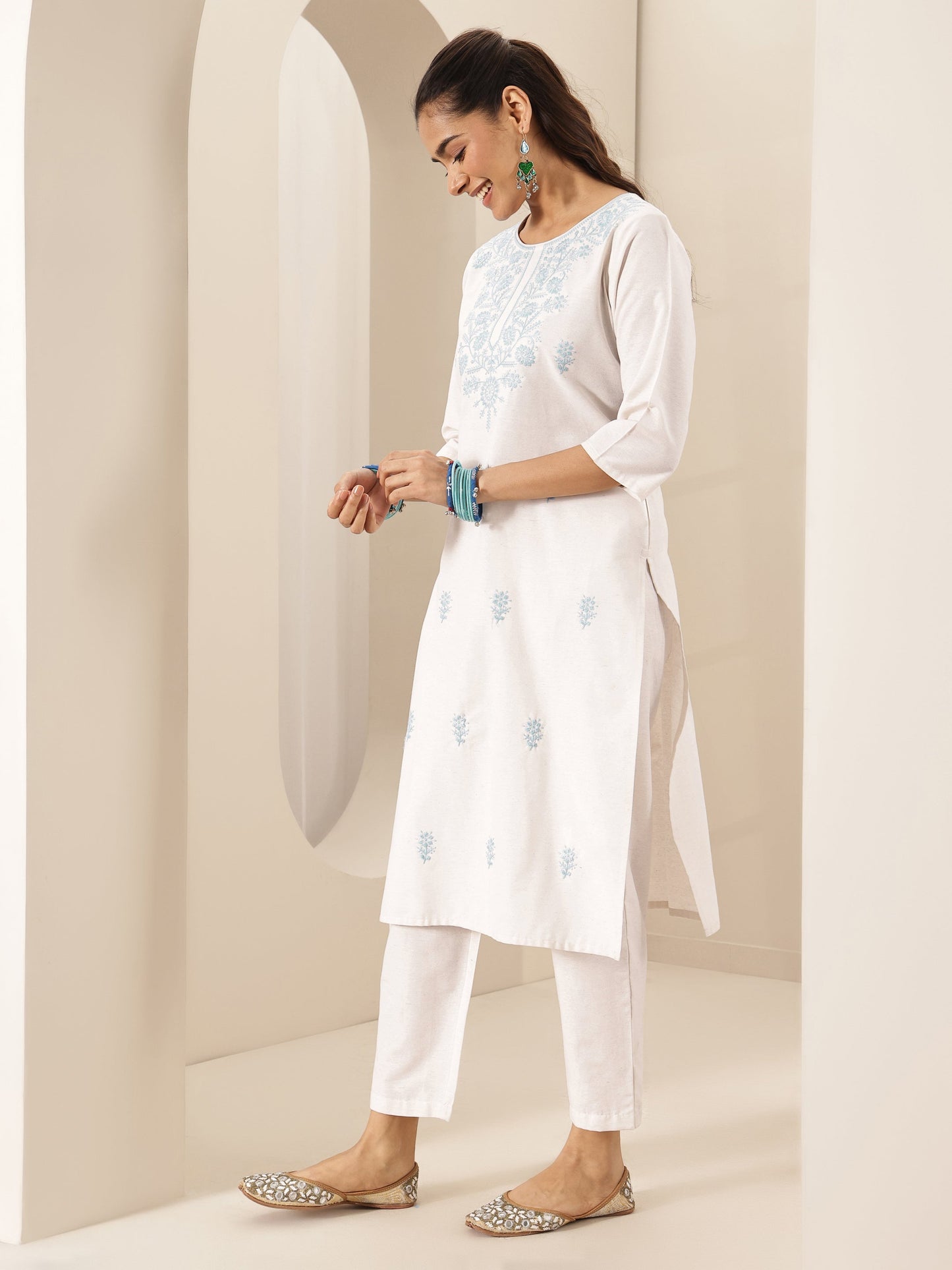 White Embroidered Cotton Blend Straight Suit Set With Dupatta