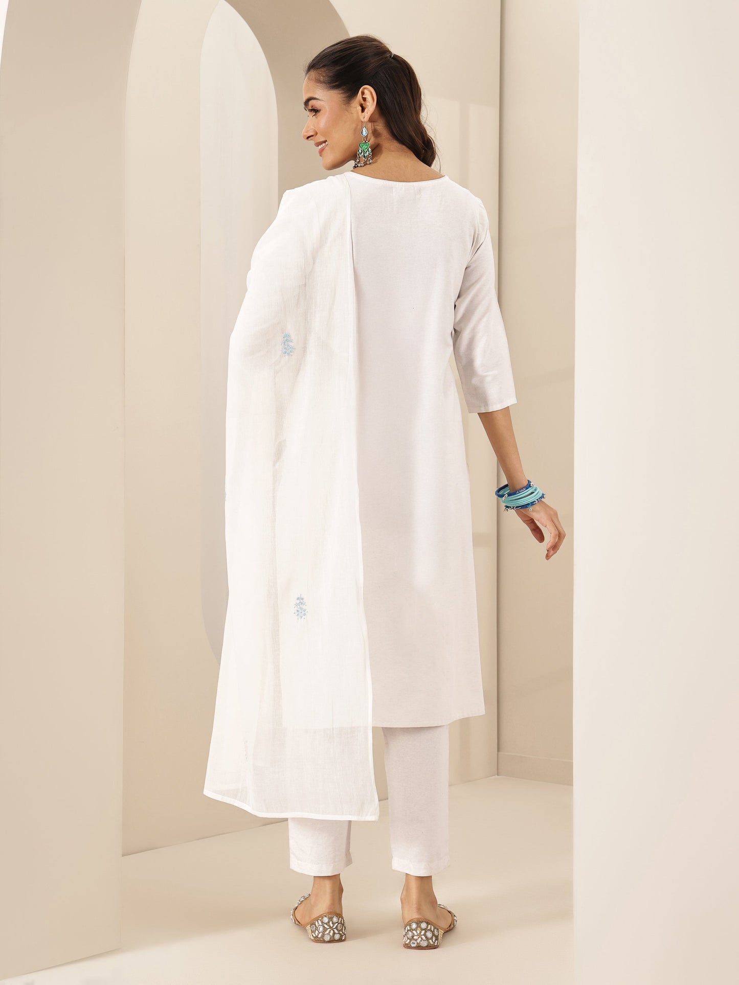 White Embroidered Cotton Blend Straight Suit Set With Dupatta