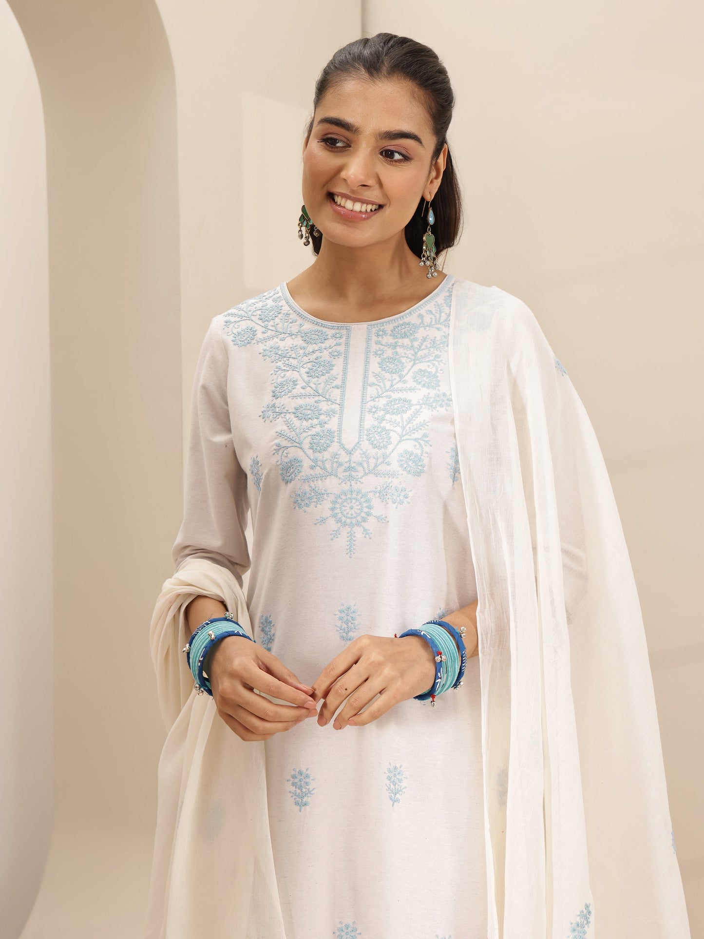 White Embroidered Cotton Blend Straight Suit Set With Dupatta