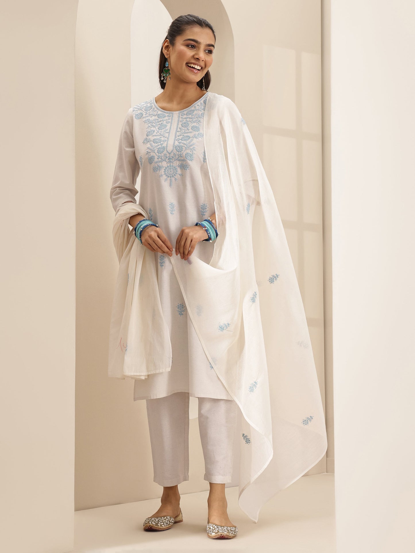 White Embroidered Cotton Blend Straight Suit Set With Dupatta