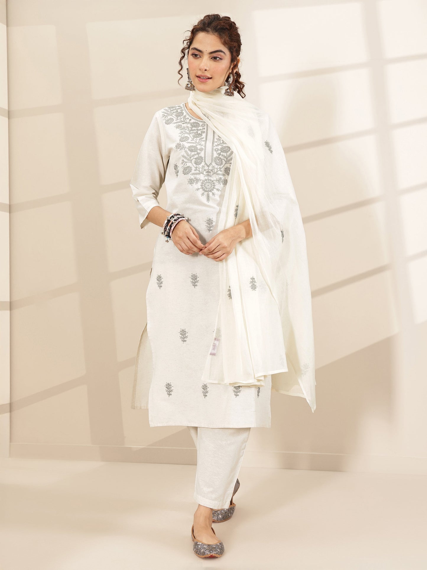 White Embroidered Cotton Blend Straight Suit Sets With Dupatta