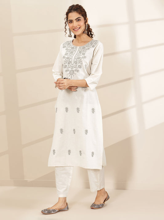 White Embroidered Cotton Blend Straight Suit Sets With Dupatta