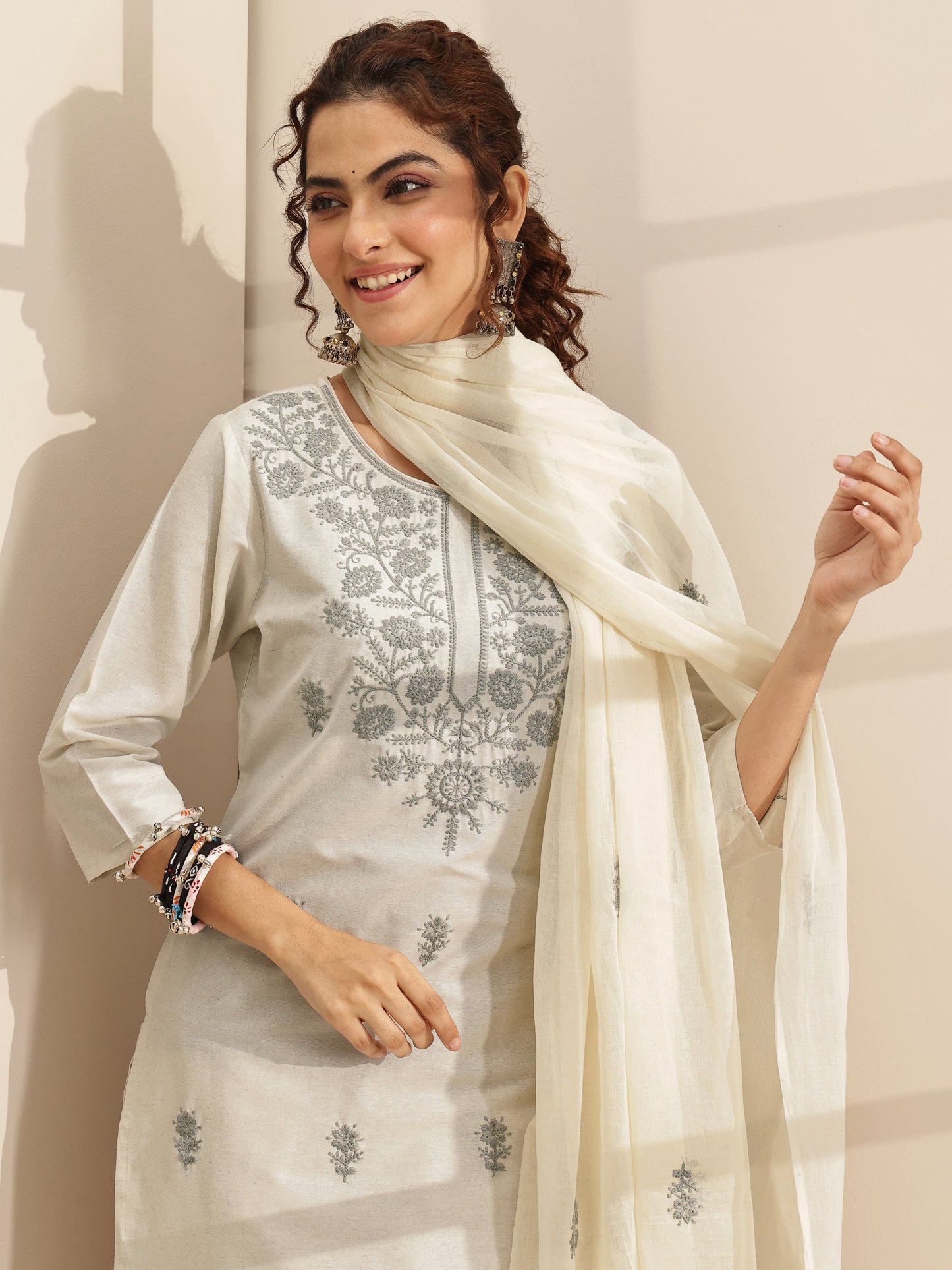 White Embroidered Cotton Blend Straight Suit Sets With Dupatta