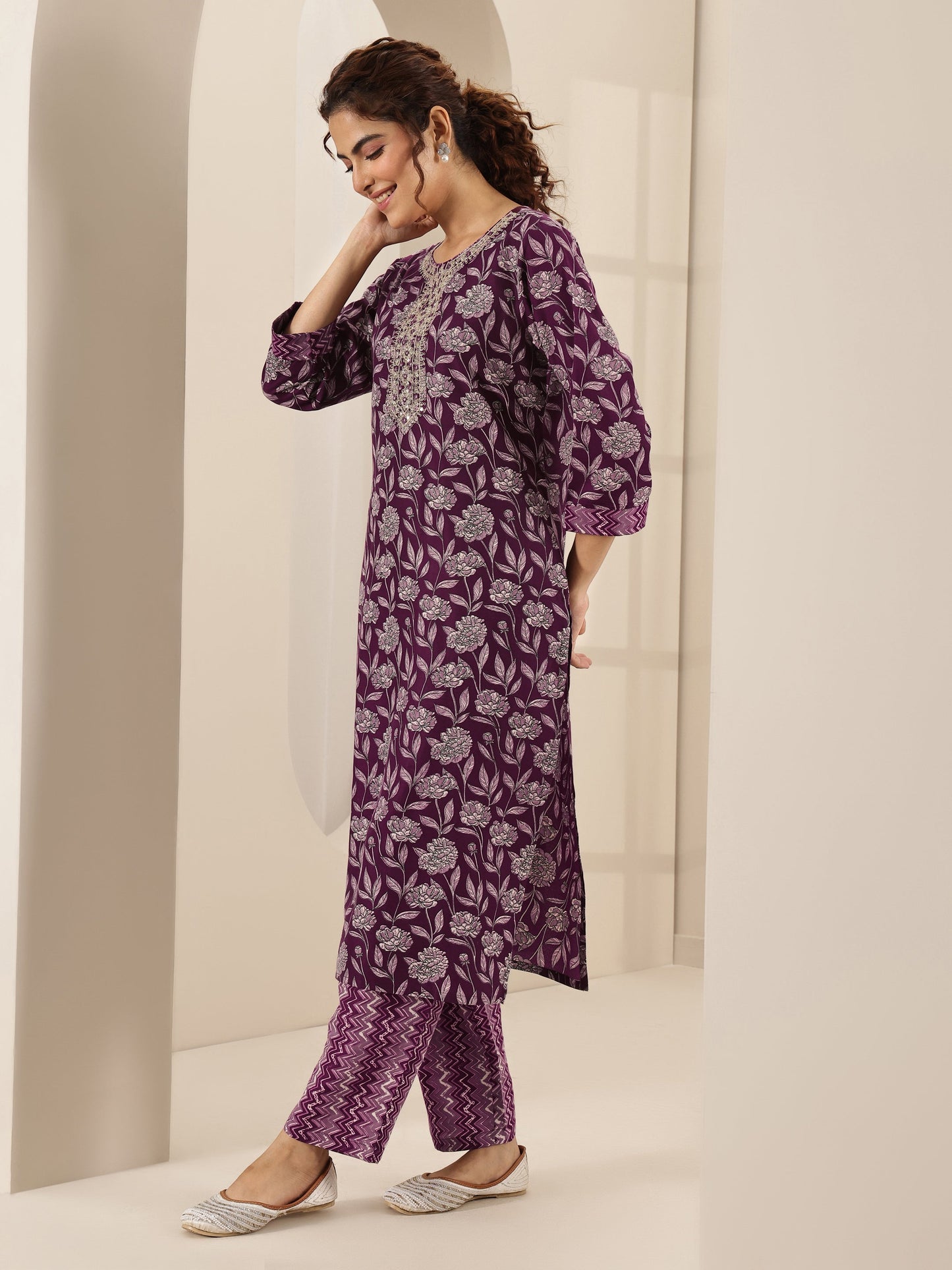 Burgundy Printed Cotton Blend Straight Suit Sets With Dupatta