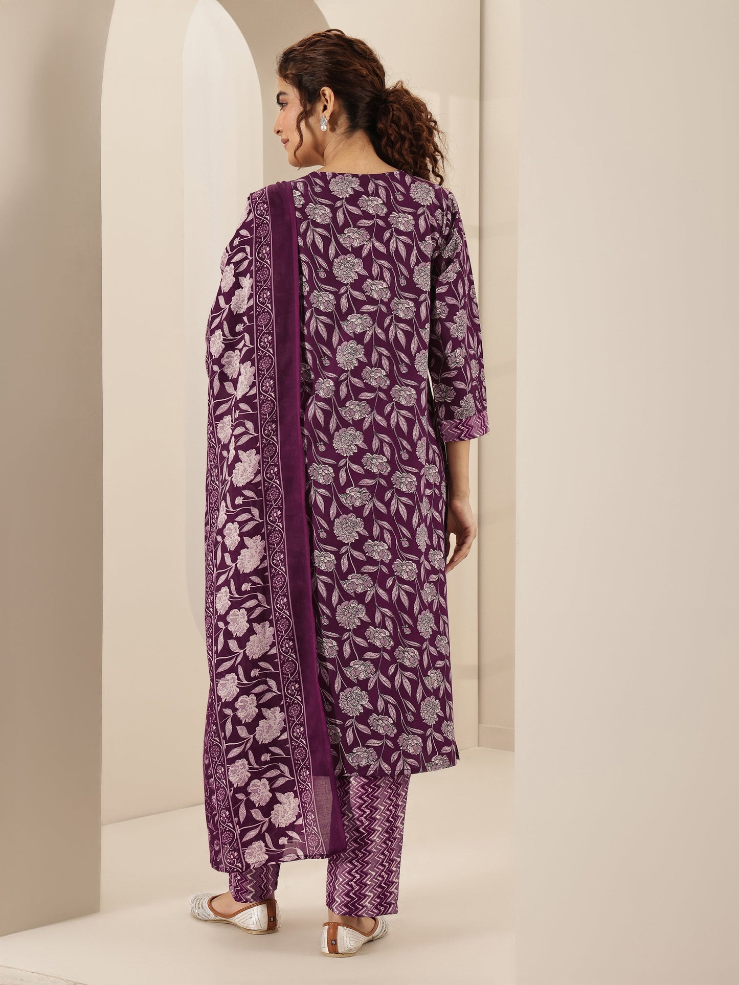 Burgundy Printed Cotton Blend Straight Suit Sets With Dupatta