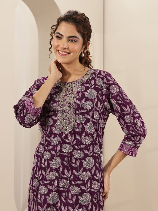 Burgundy Printed Cotton Blend Straight Suit Sets With Dupatta