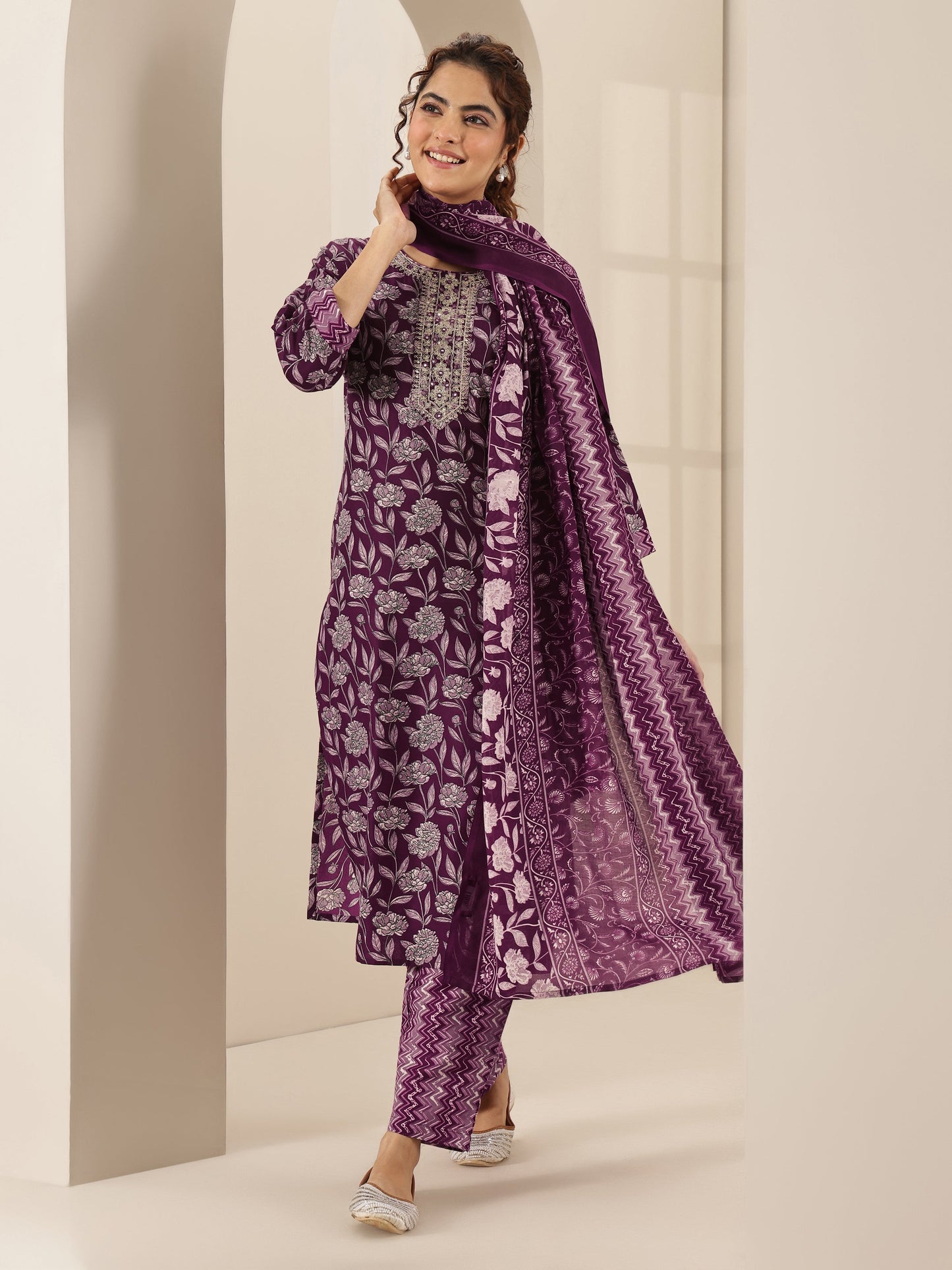 Burgundy Printed Cotton Blend Straight Suit Sets With Dupatta