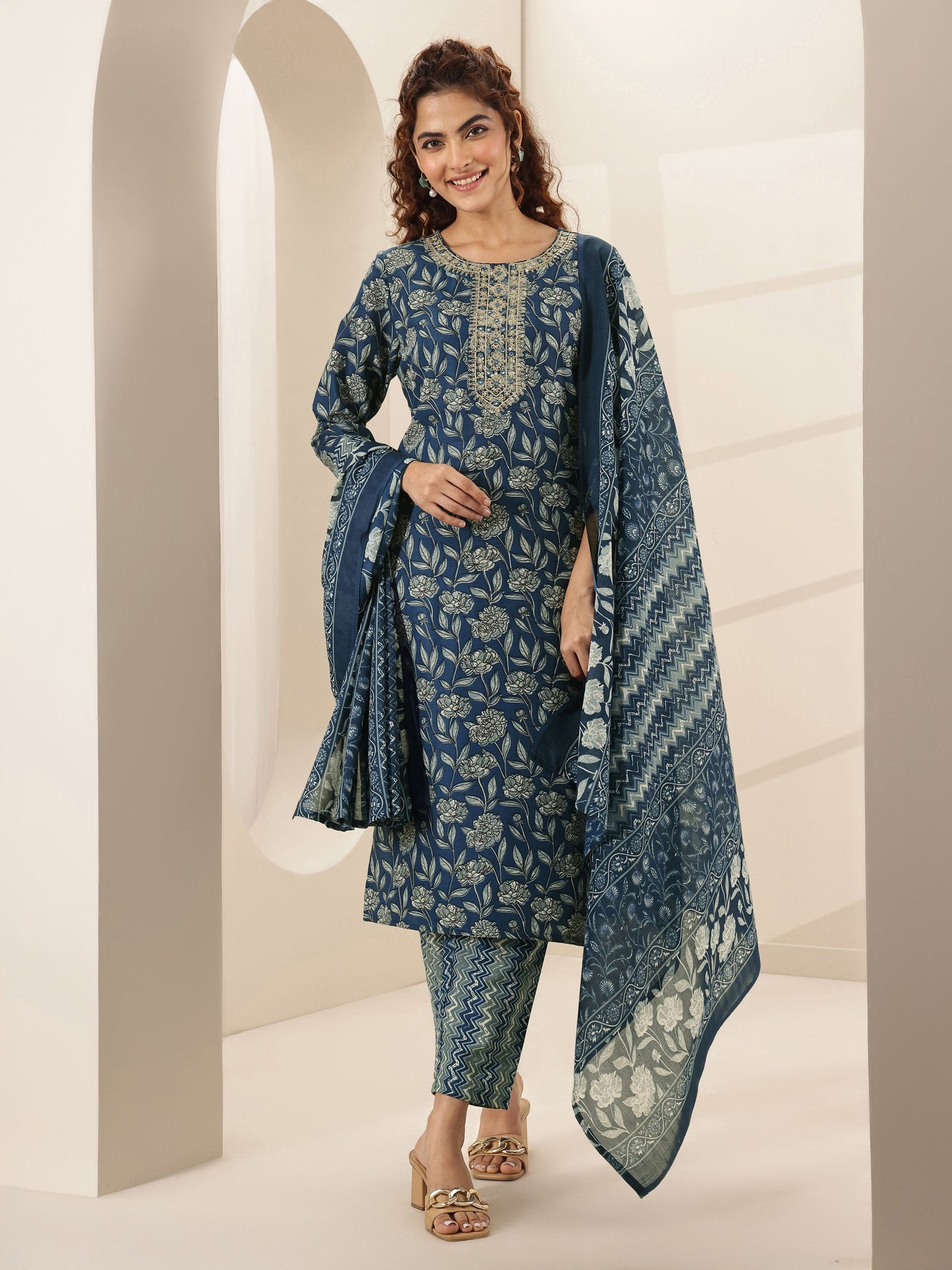 Teal Blue Printed Cotton Blend Straight Suit Sets With Dupatta