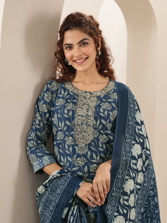 Teal Blue Printed Cotton Blend Straight Suit Sets With Dupatta