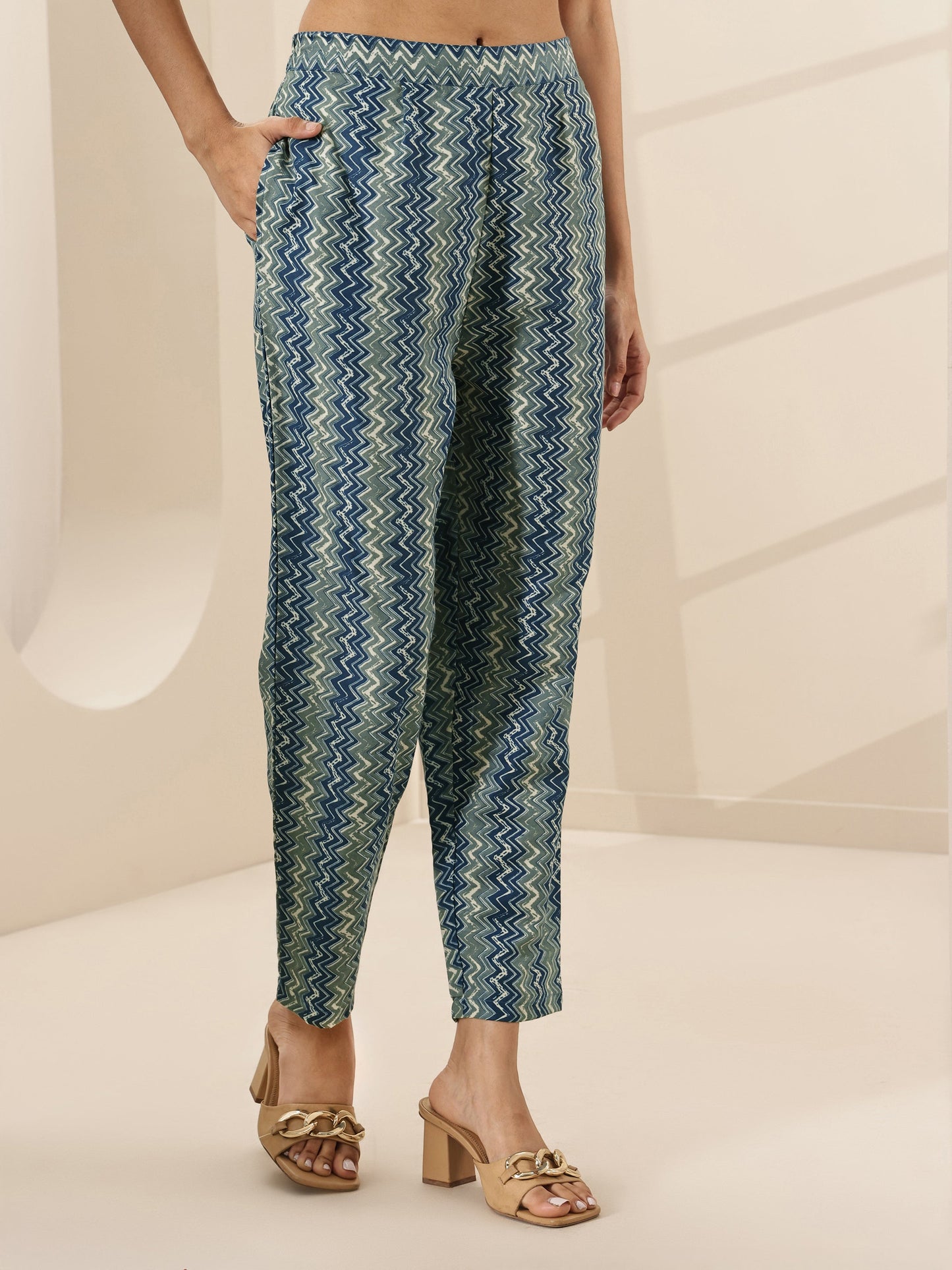 Teal Blue Printed Cotton Blend Straight Suit Sets With Dupatta