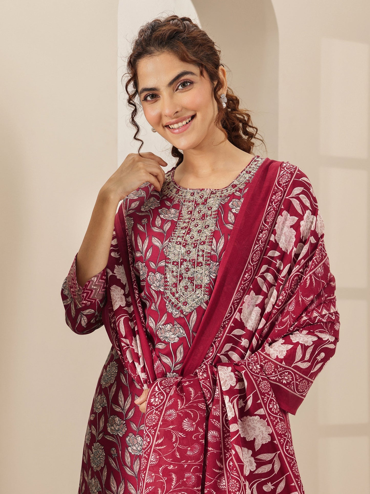 Maroon Printed Cotton Blend Straight Suit Sets With Dupatta