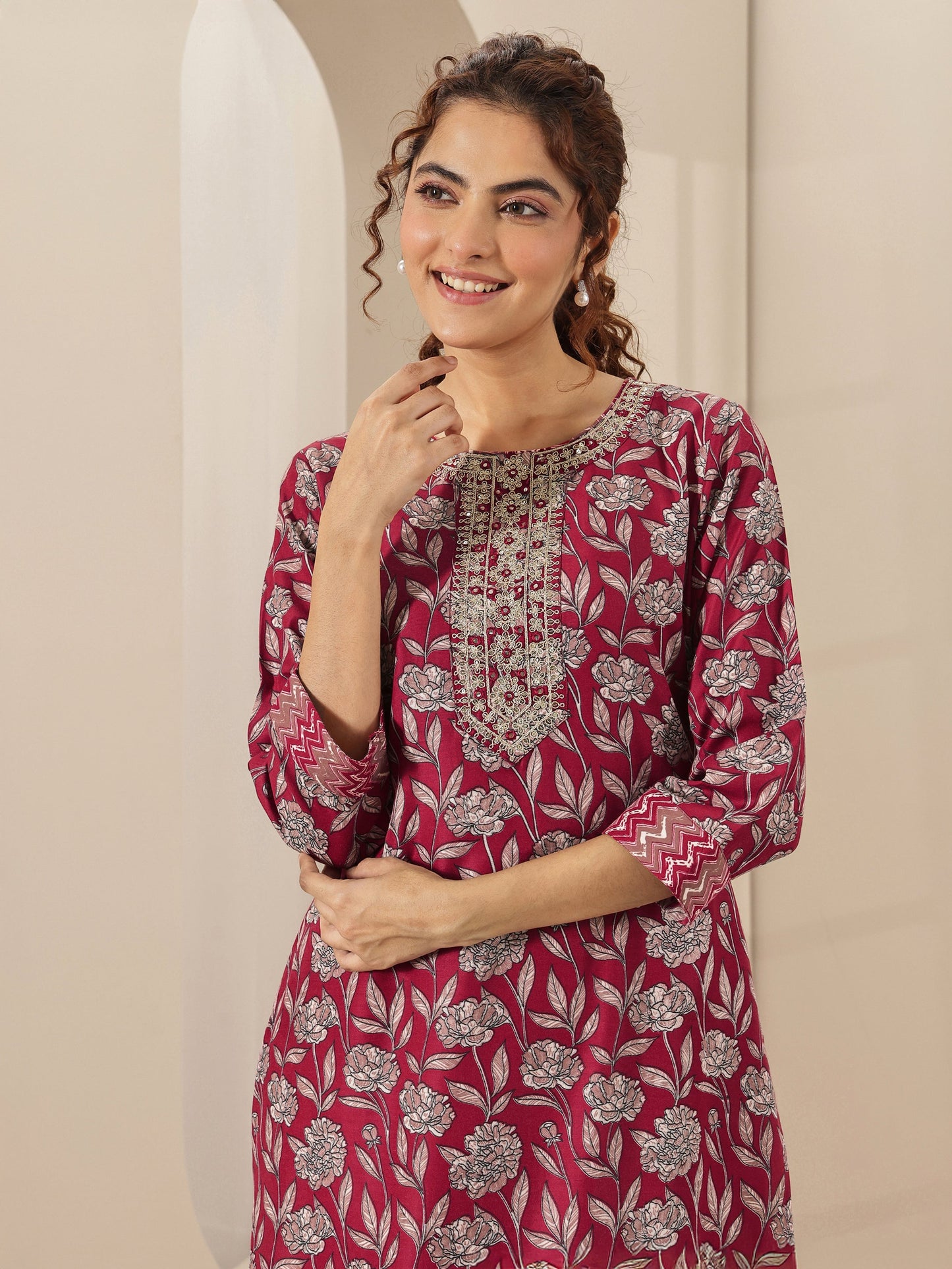 Maroon Printed Cotton Blend Straight Suit Sets With Dupatta