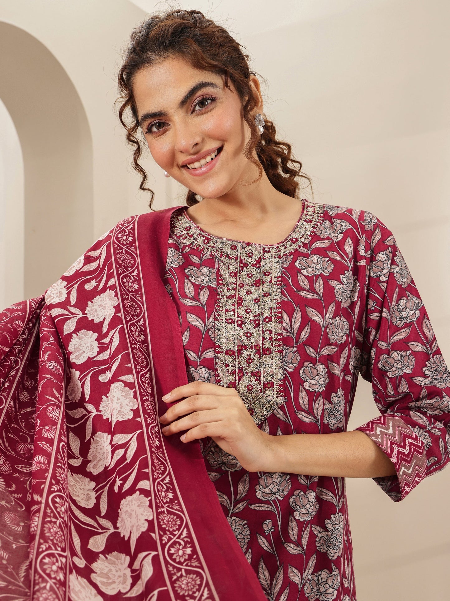 Maroon Printed Cotton Blend Straight Suit Sets With Dupatta
