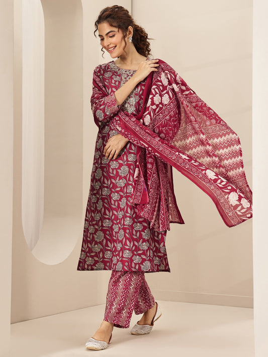 Maroon Printed Cotton Blend Straight Suit Sets With Dupatta