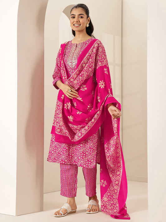 Pink Printed Cotton Blend Straight Suit Sets With Dupatta