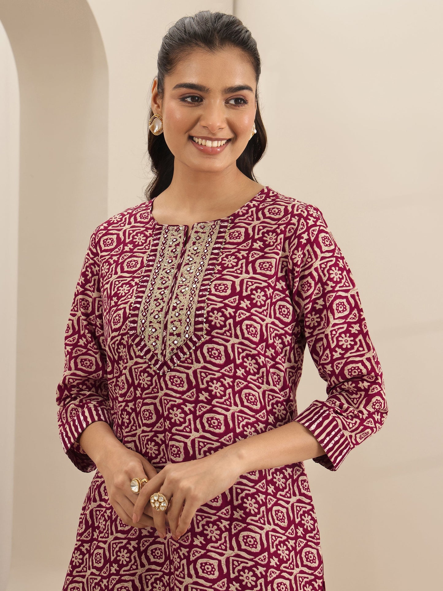 Maroon Printed Cotton Blend Straight Suit Sets With Dupatta