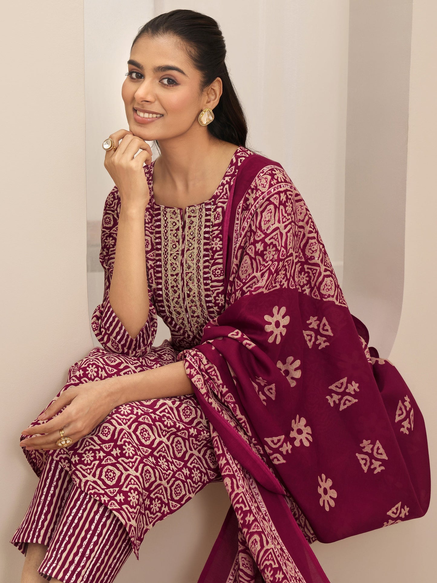 Maroon Printed Cotton Blend Straight Suit Sets With Dupatta