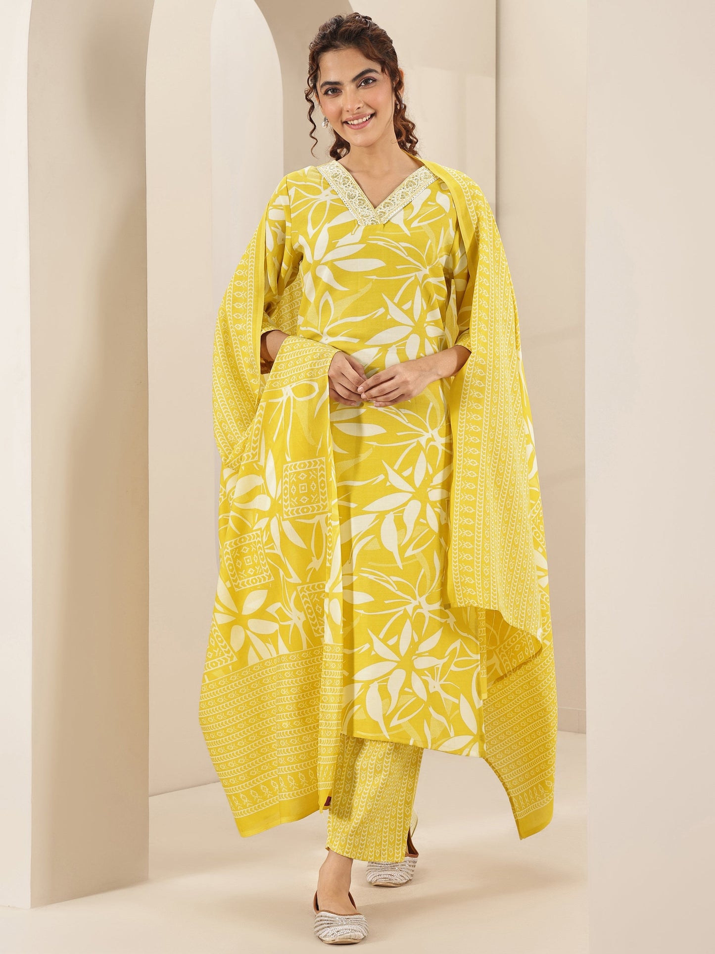 Yellow Printed Cotton Blend Straight Suit Sets With Dupatta