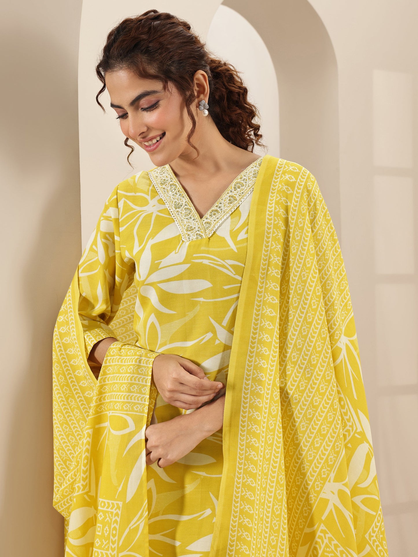 Yellow Printed Cotton Blend Straight Suit Sets With Dupatta
