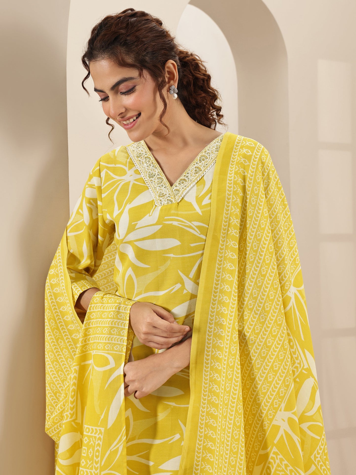 Yellow Printed Cotton Blend Straight Suit Sets With Dupatta