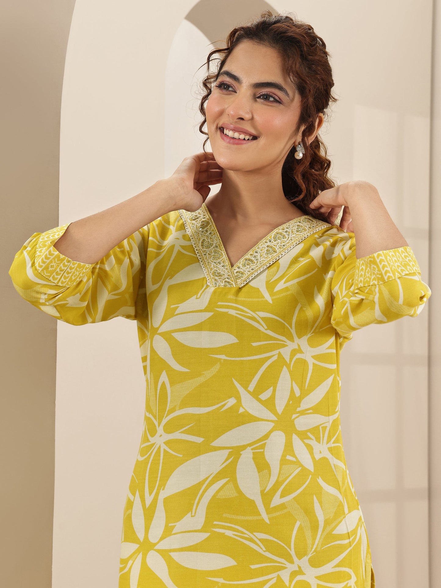 Yellow Printed Cotton Blend Straight Suit Sets With Dupatta