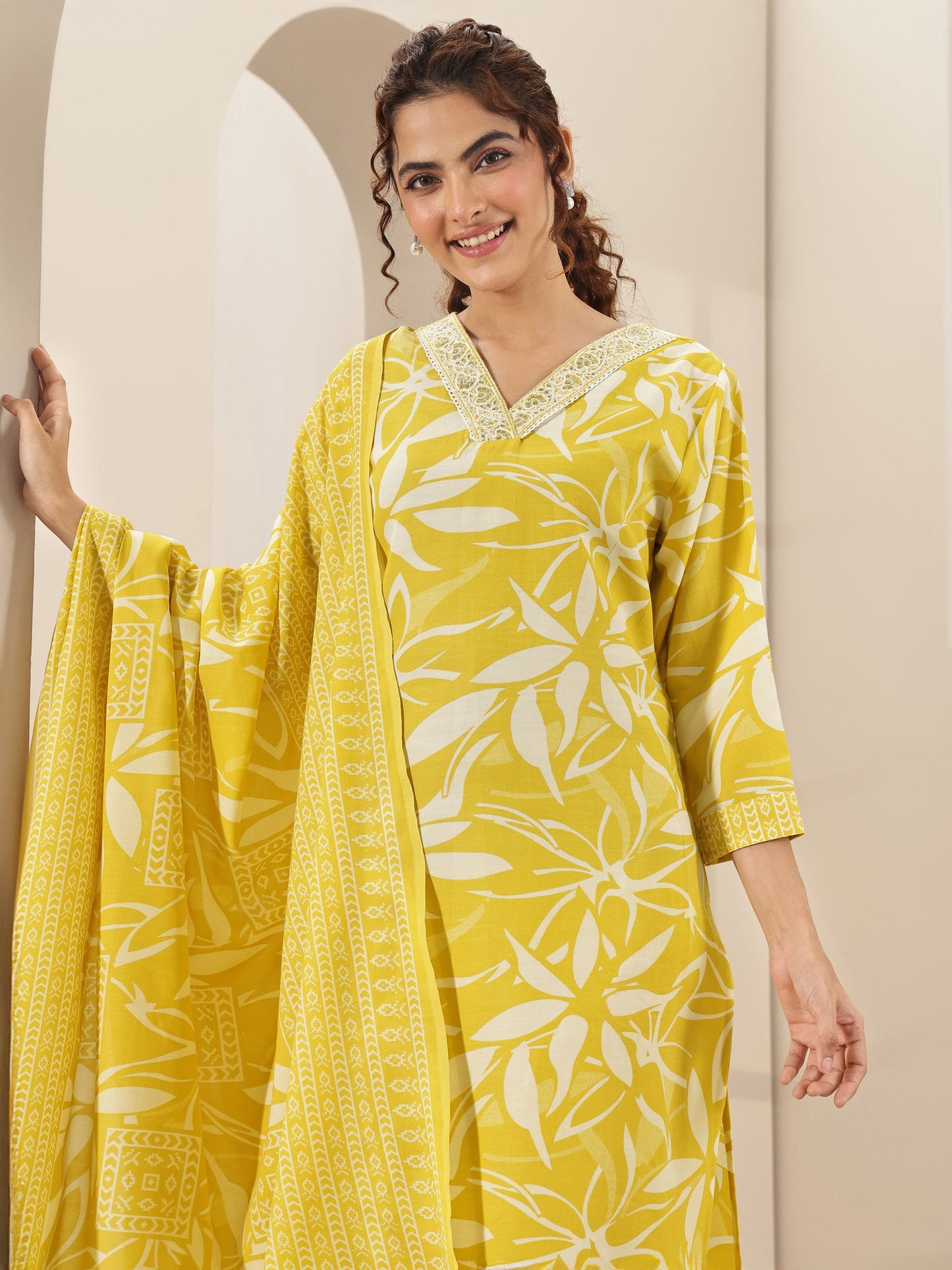 Yellow Printed Cotton Blend Straight Suit Sets With Dupatta