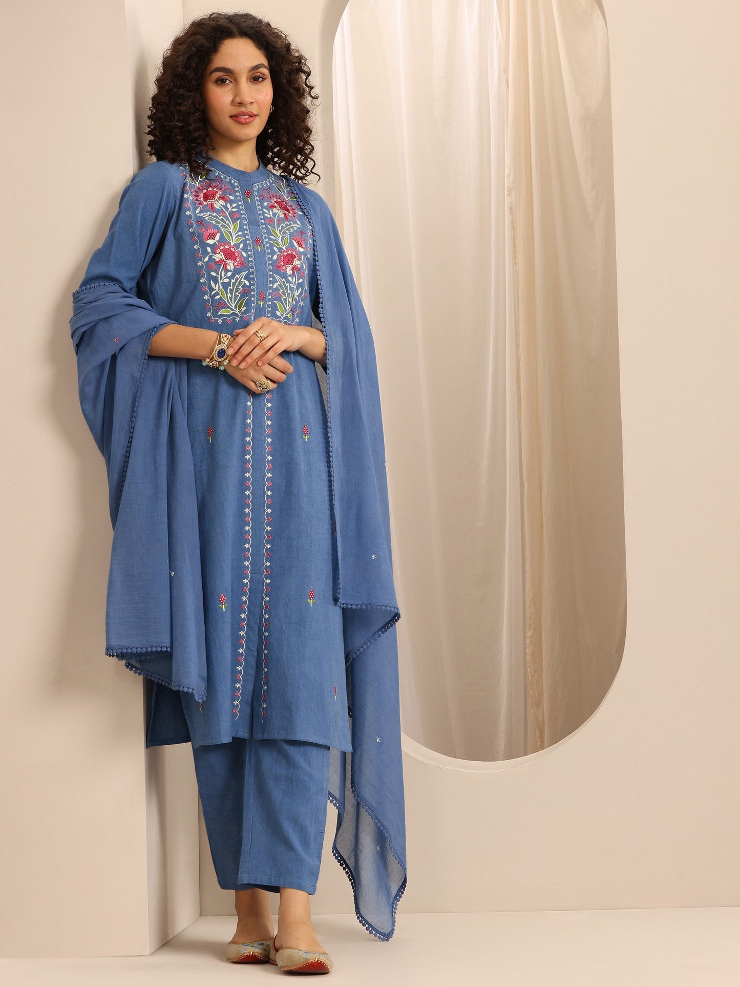 Blue Embroidered Cotton Blend Straight Suit Set With Dupatta