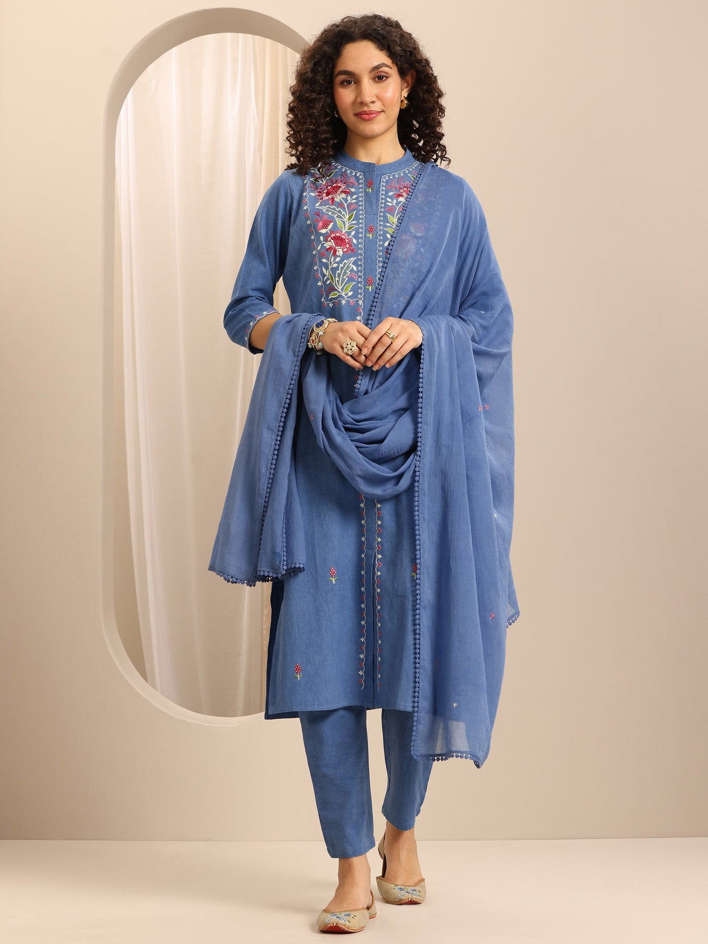 Blue Embroidered Cotton Blend Straight Suit Set With Dupatta