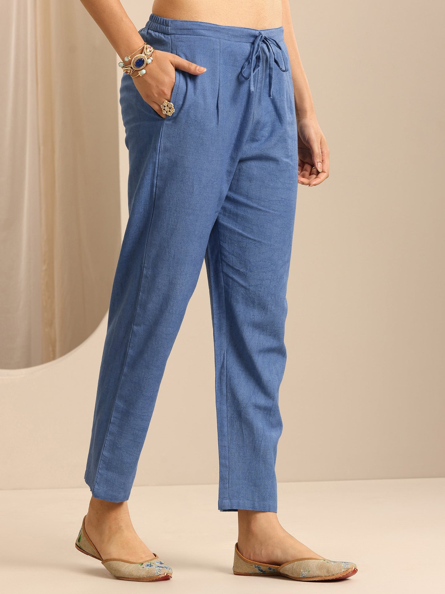 Blue Embroidered Cotton Blend Straight Suit Set With Dupatta