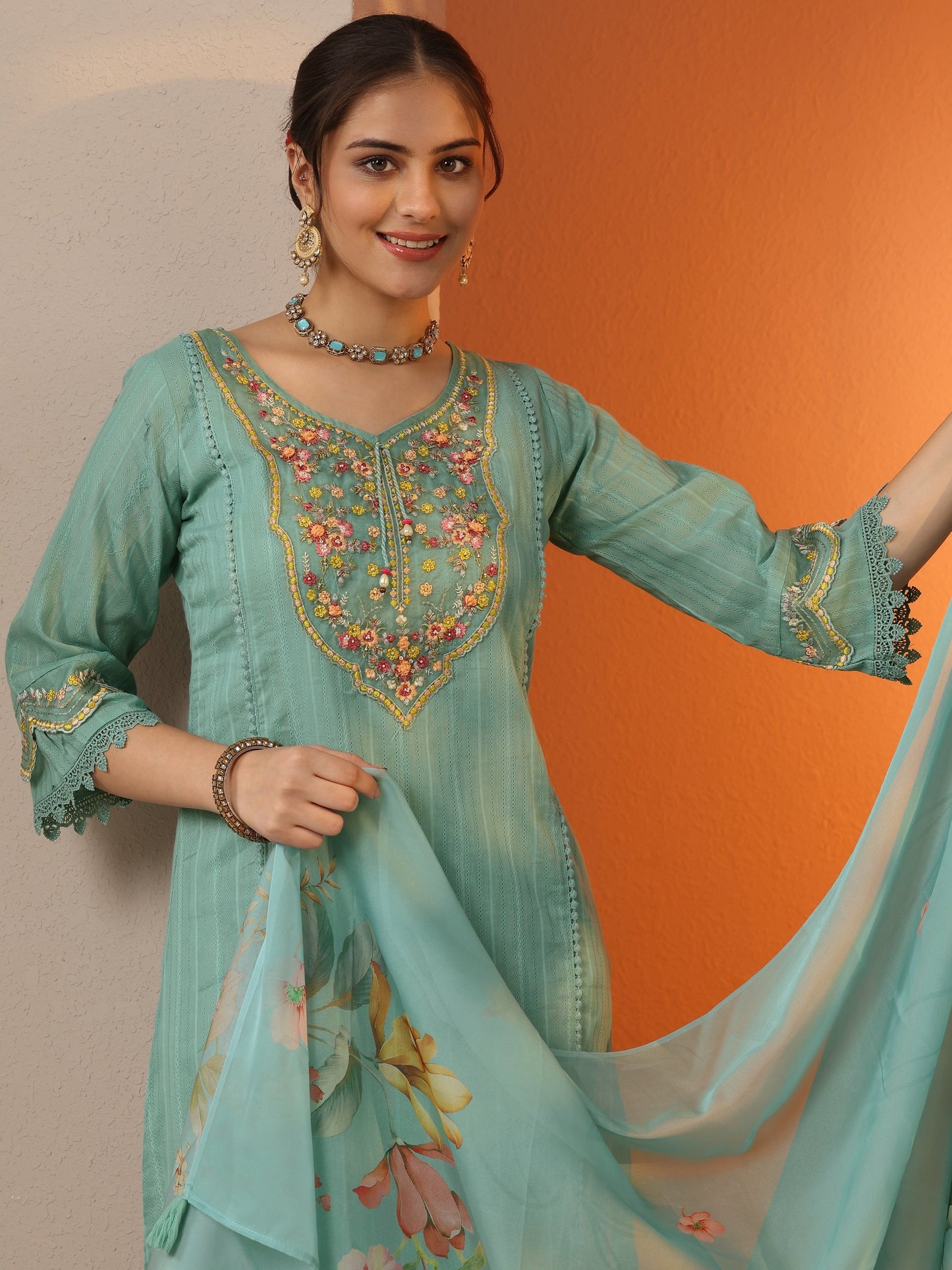 Turquoise blue Embroidered Cotton Blend A-line Suit Set With Dupatta