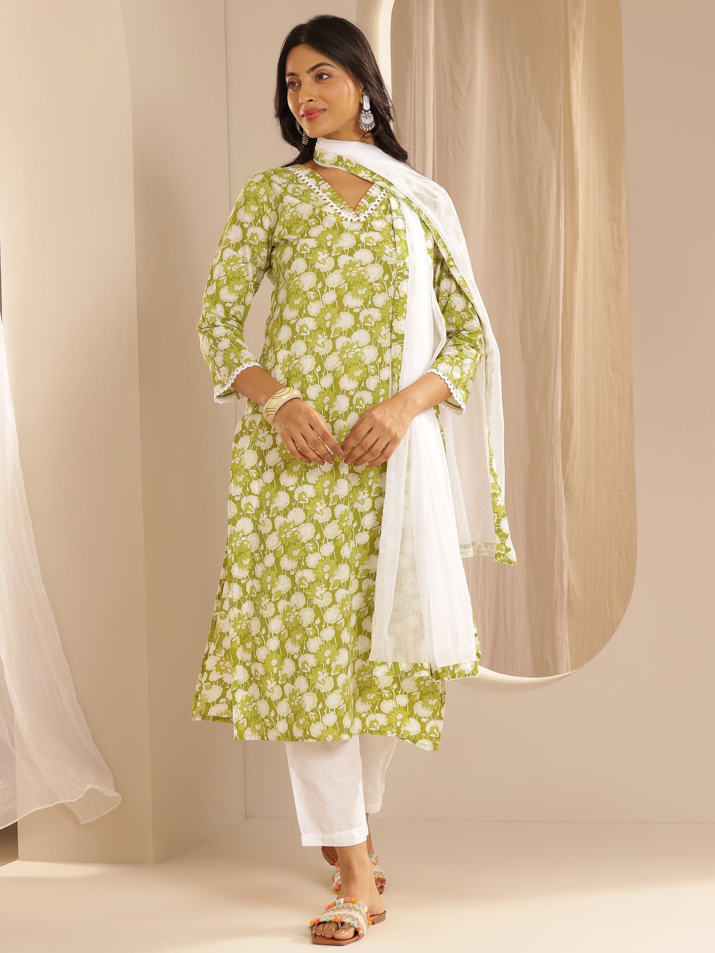 Green Printed Cotton Straight Suit Set With Dupatta