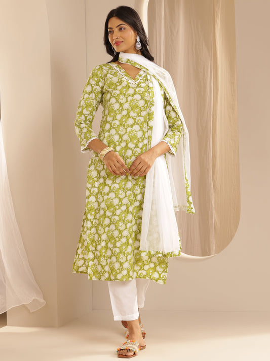 Green Printed Cotton Straight Suit Set With Dupatta