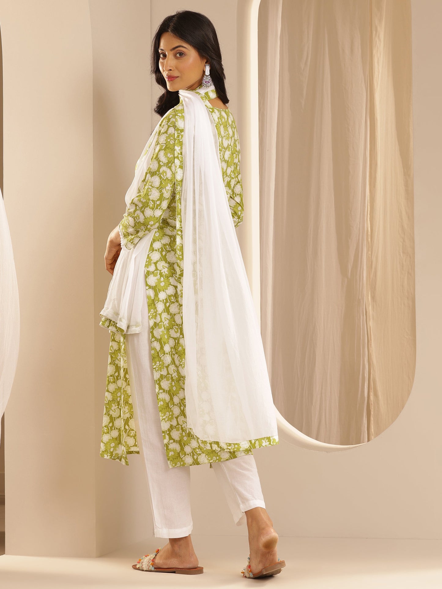 Green Printed Cotton Straight Suit Set With Dupatta