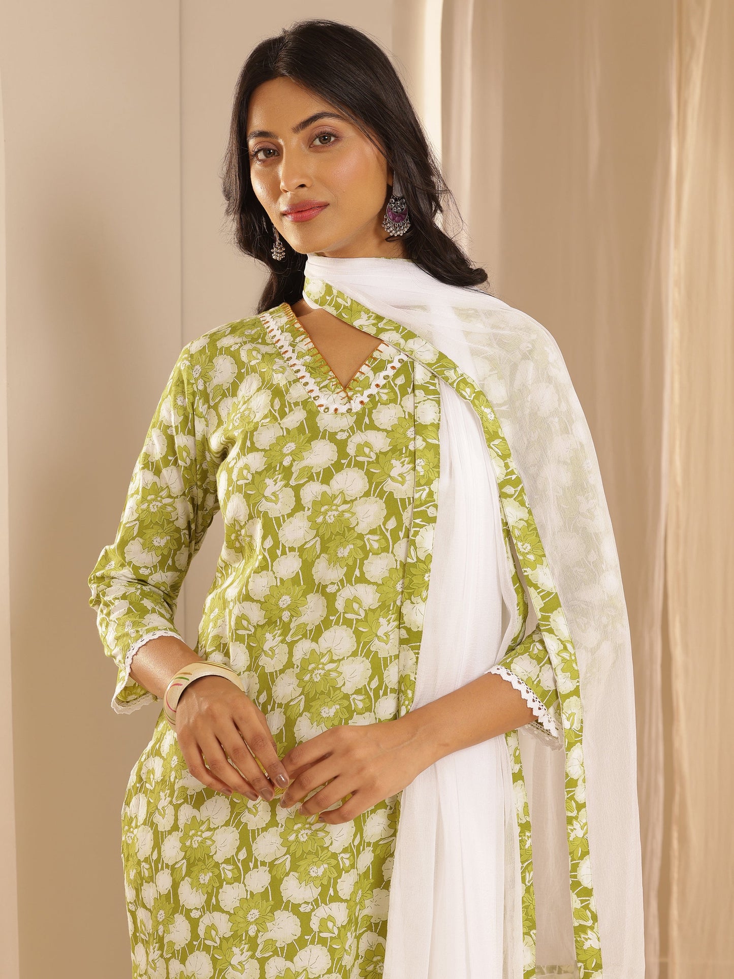 Green Printed Cotton Straight Suit Set With Dupatta