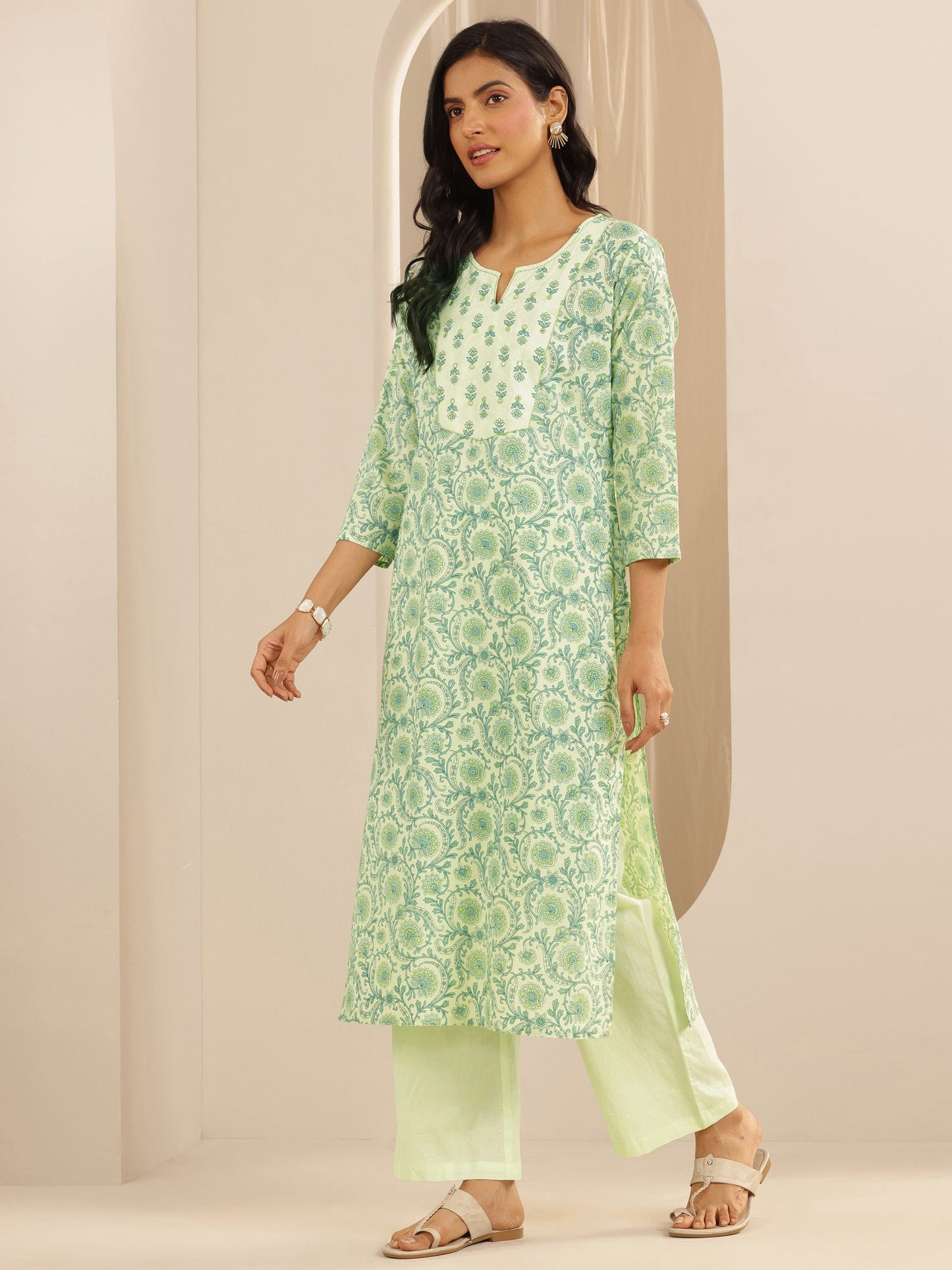 Green Printed Cotton Straight Suit Set With Dupatta