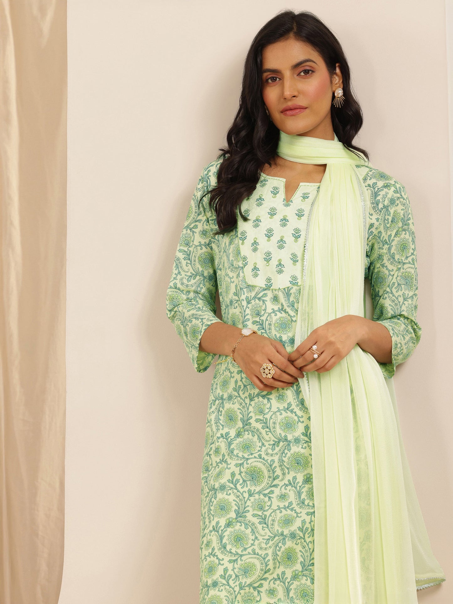 Green Printed Cotton Straight Suit Set With Dupatta