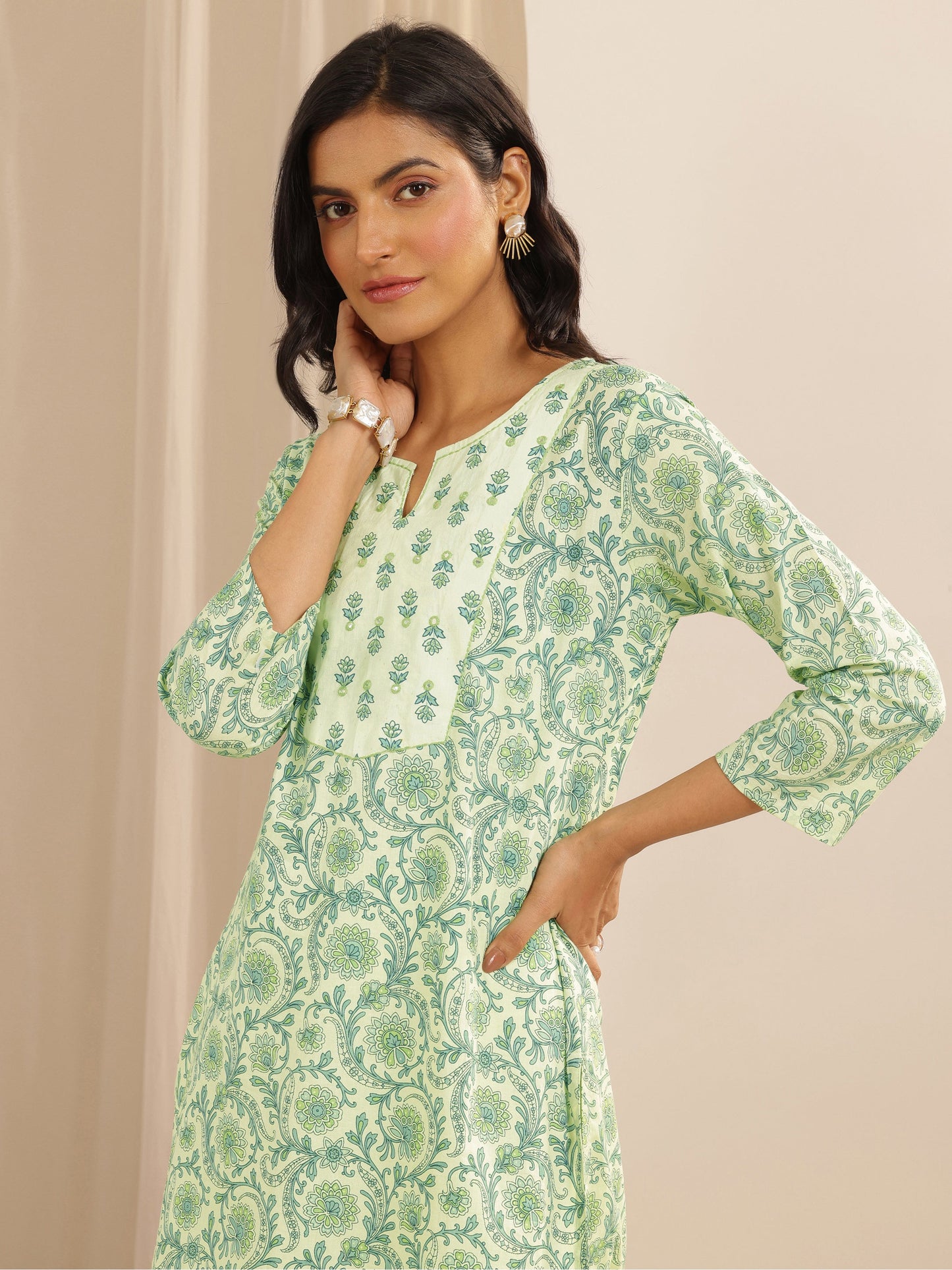 Green Printed Cotton Straight Suit Set With Dupatta