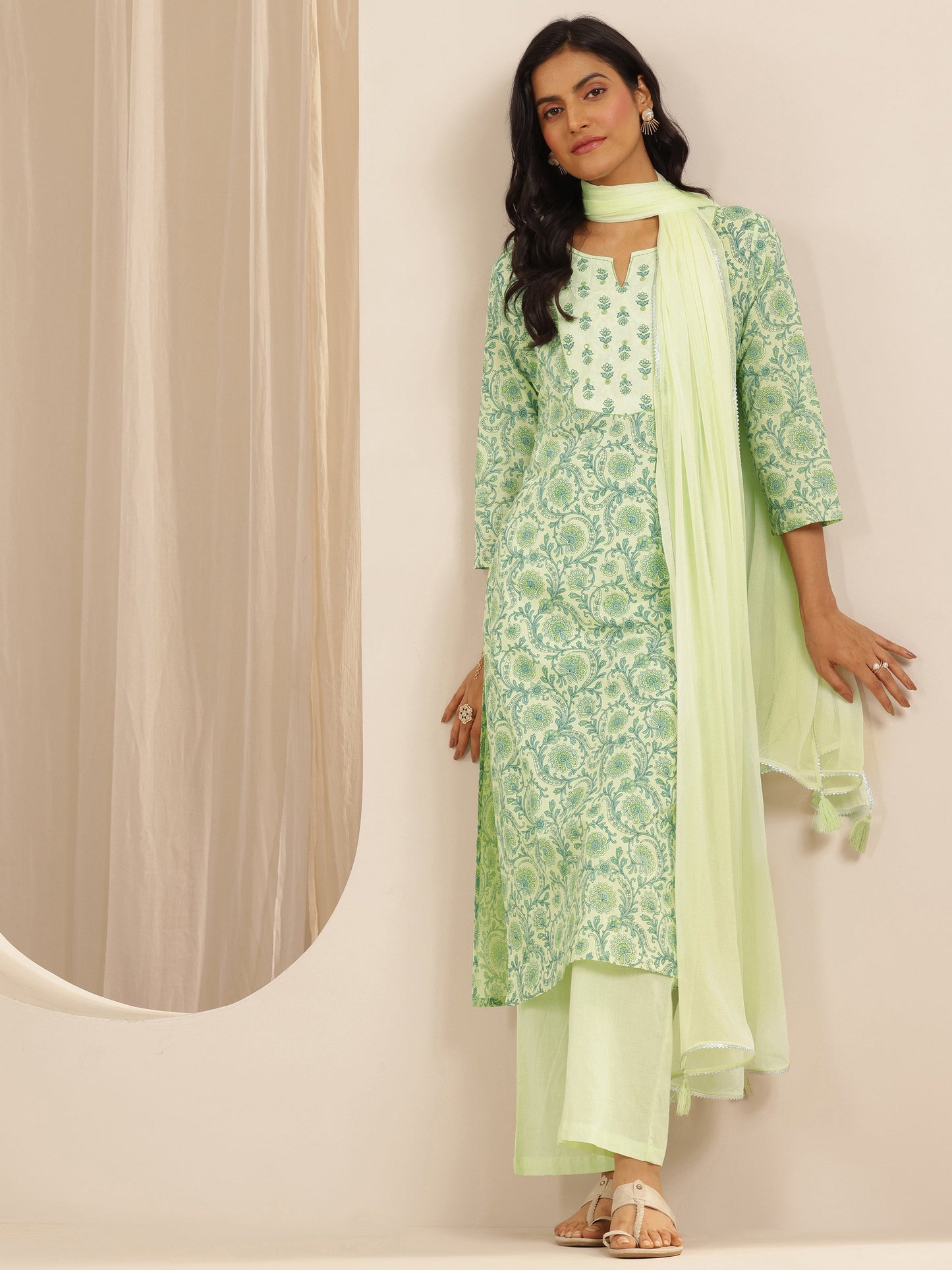 Green Printed Cotton Straight Suit Set With Dupatta