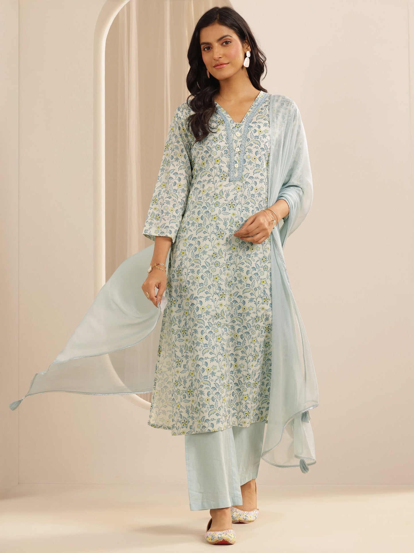 Blue Printed Cotton Straight Suit Set With Dupatta