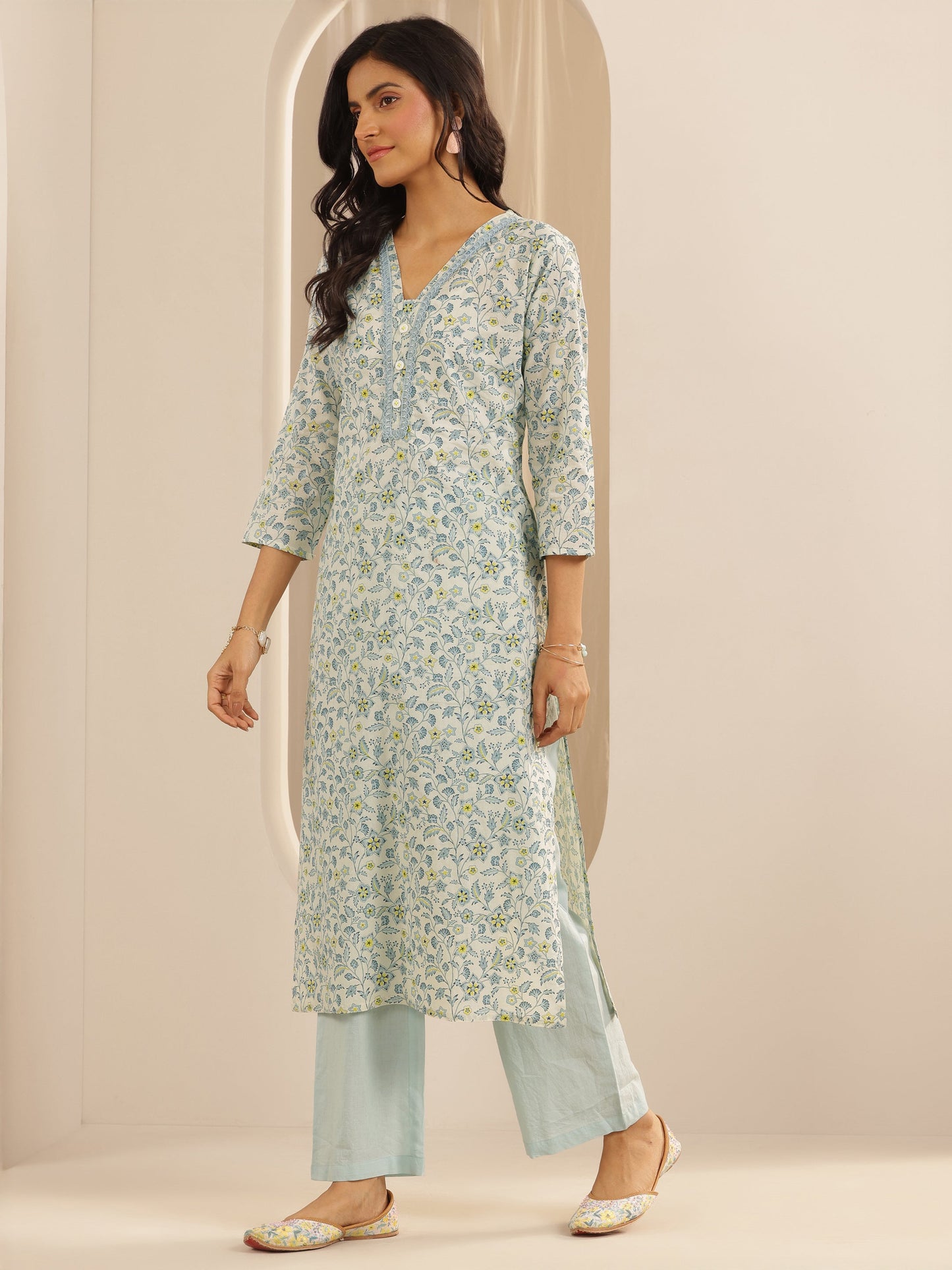 Blue Printed Cotton Straight Suit Set With Dupatta