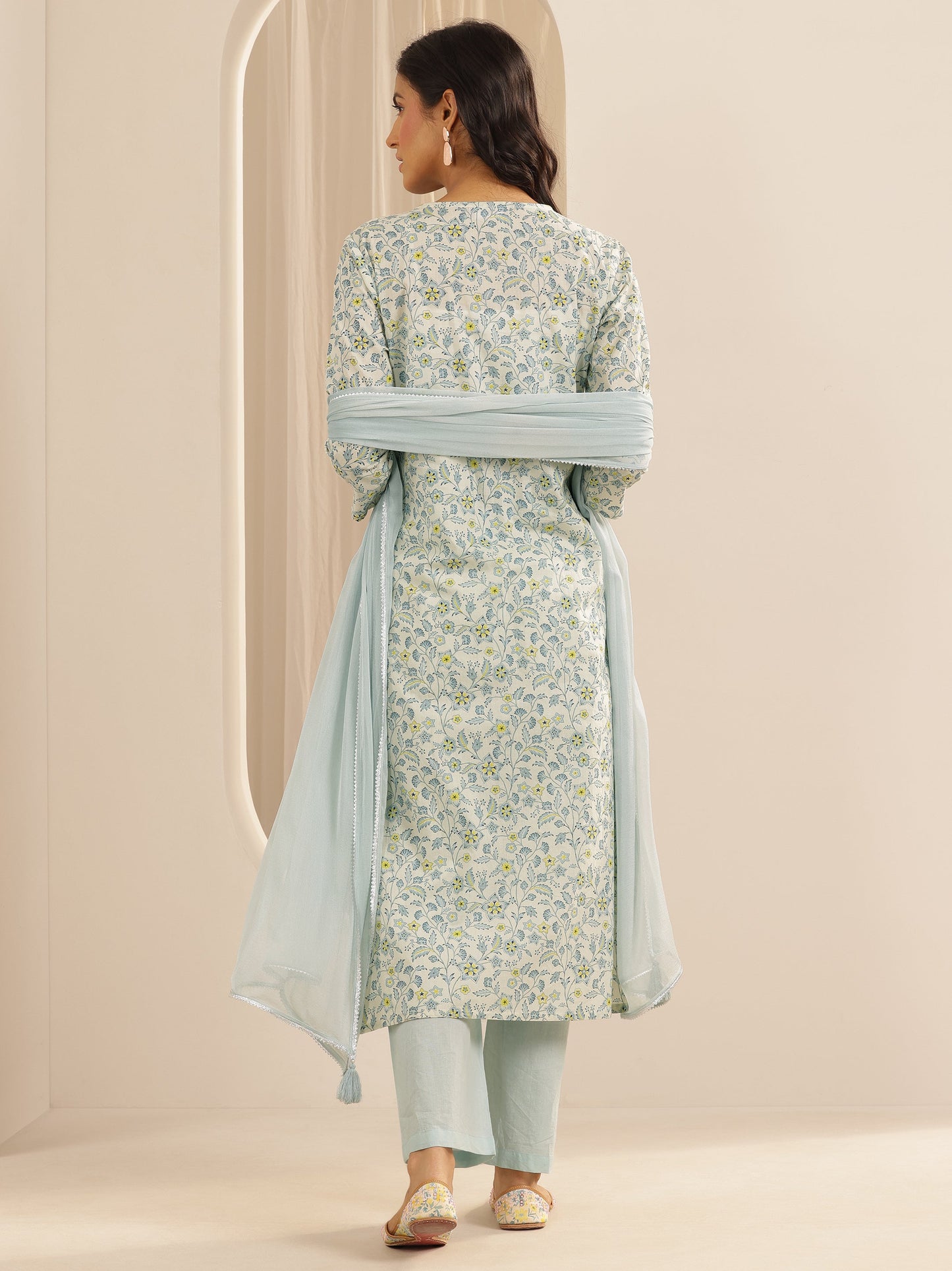 Blue Printed Cotton Straight Suit Set With Dupatta