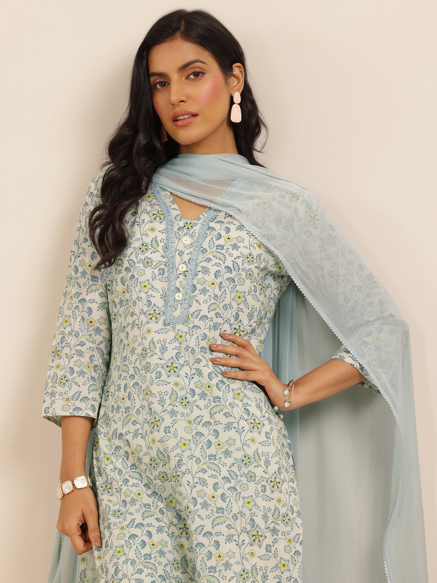 Blue Printed Cotton Straight Suit Set With Dupatta