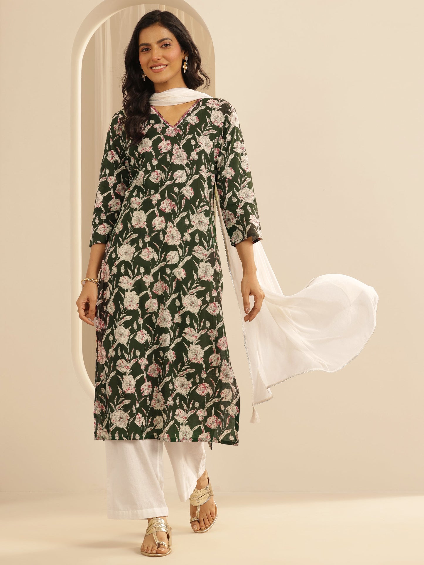 Green Printed Cotton Straight Suit Set With Dupatta