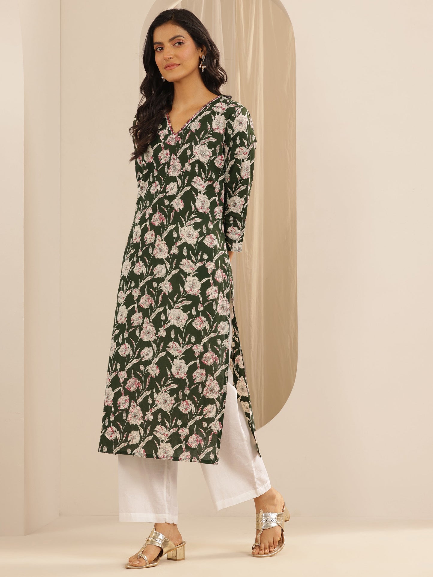 Green Printed Cotton Straight Suit Set With Dupatta