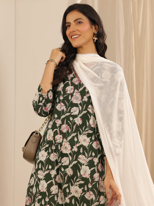 Green Printed Cotton Straight Suit Set With Dupatta