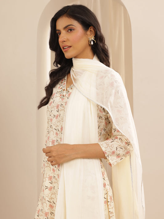 Off white Printed Cotton Straight Suit Set With Dupatta