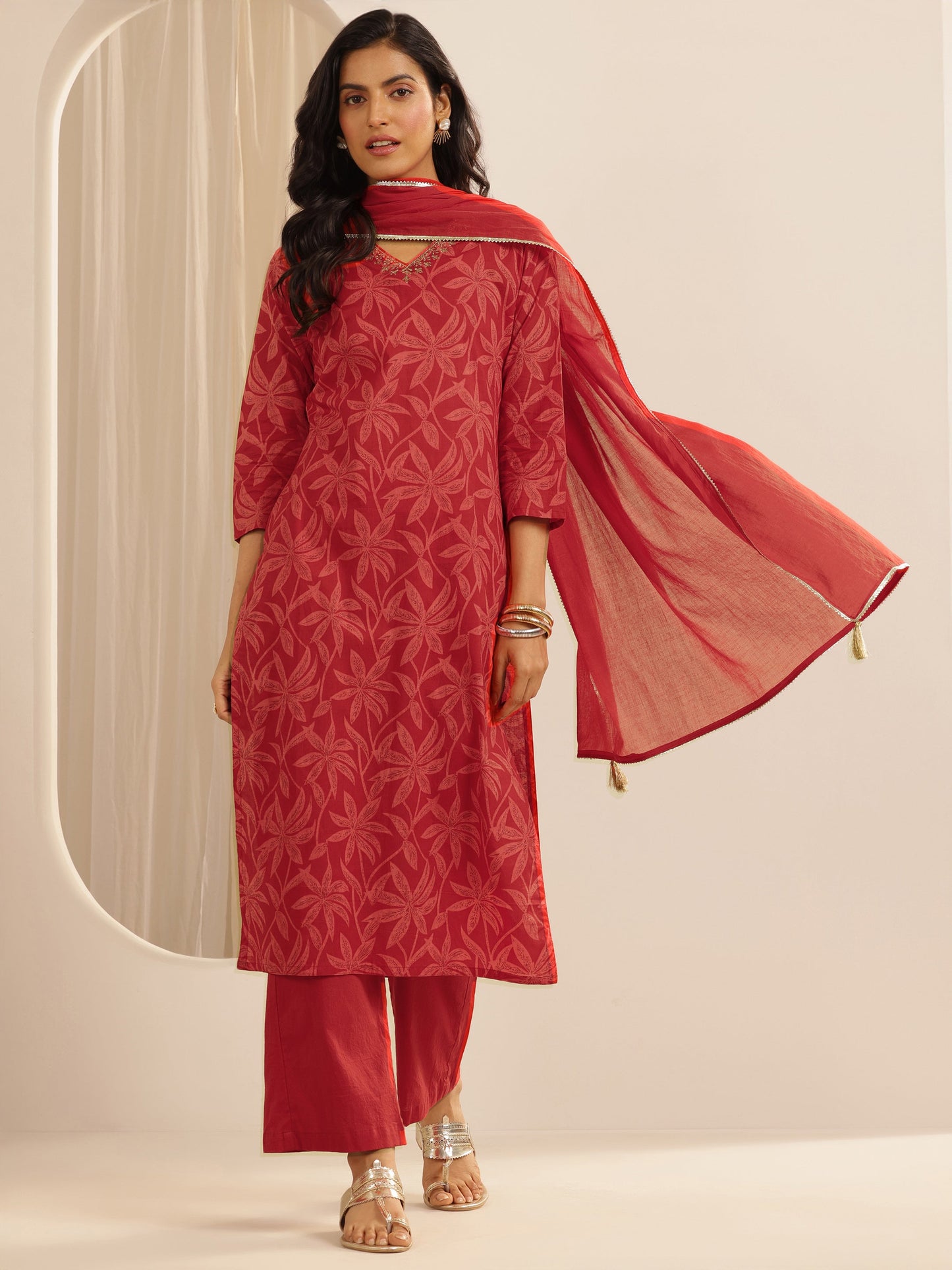 Red Printed Cotton Straight Suit Set With Dupatta