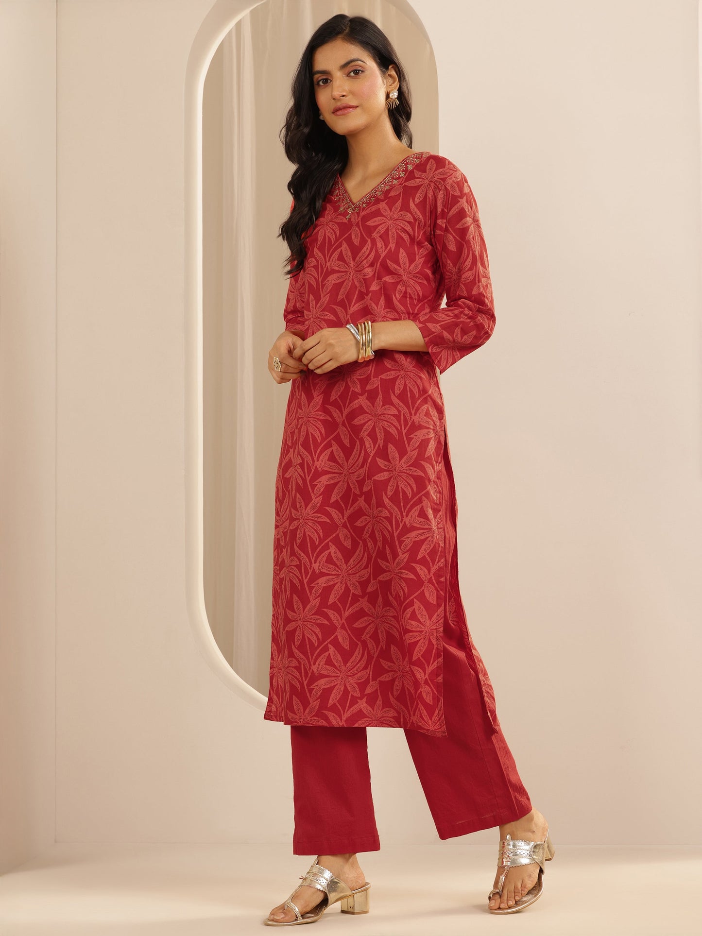 Red Printed Cotton Straight Suit Set With Dupatta
